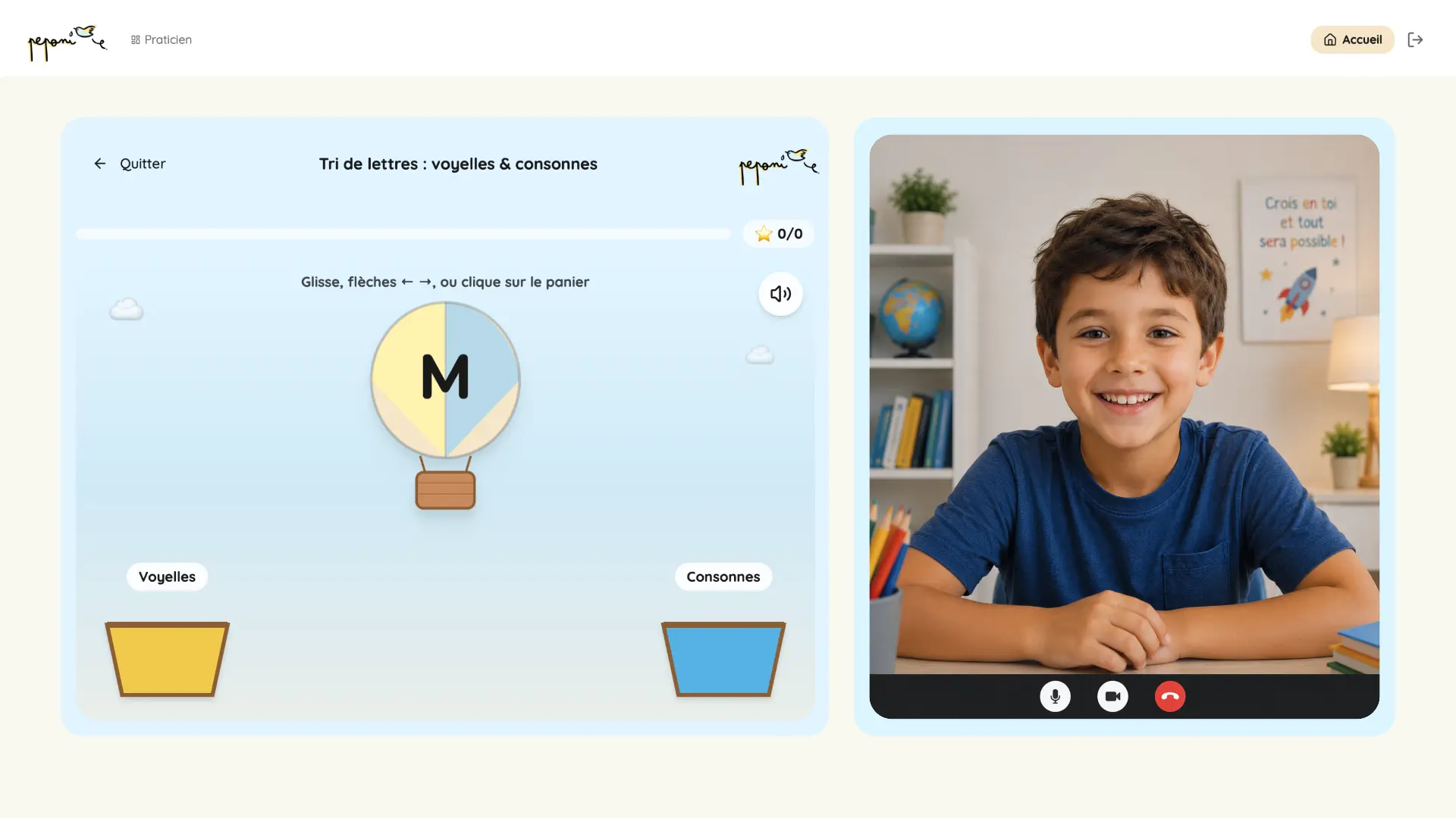 Exercice ludique de tri de lettres sur la plateforme Peponi, avec une séance de suivi en visioconférence