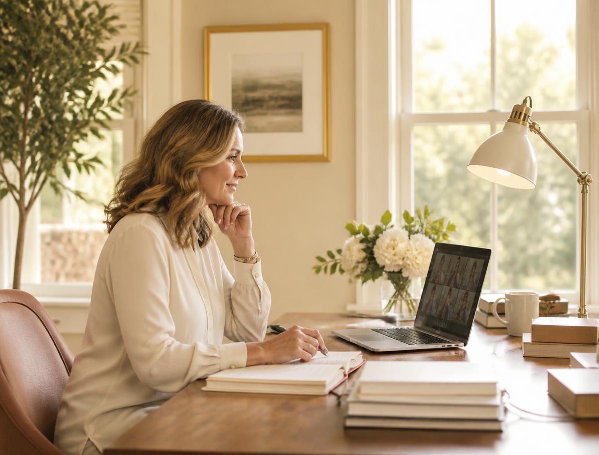 Une professionnelle accompagne une famille à distance depuis son bureau lumineux